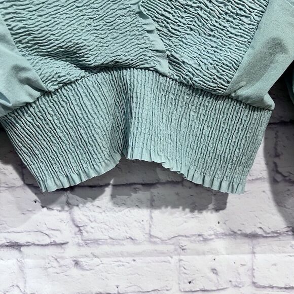 Zara Size Medium Teal Puff Ballon Sleeve V Neck Ruched Cropped Top Stretchy - Picture 6 of 11